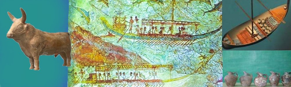 Collage of Minoan fresco, example Minoan ship and pottery